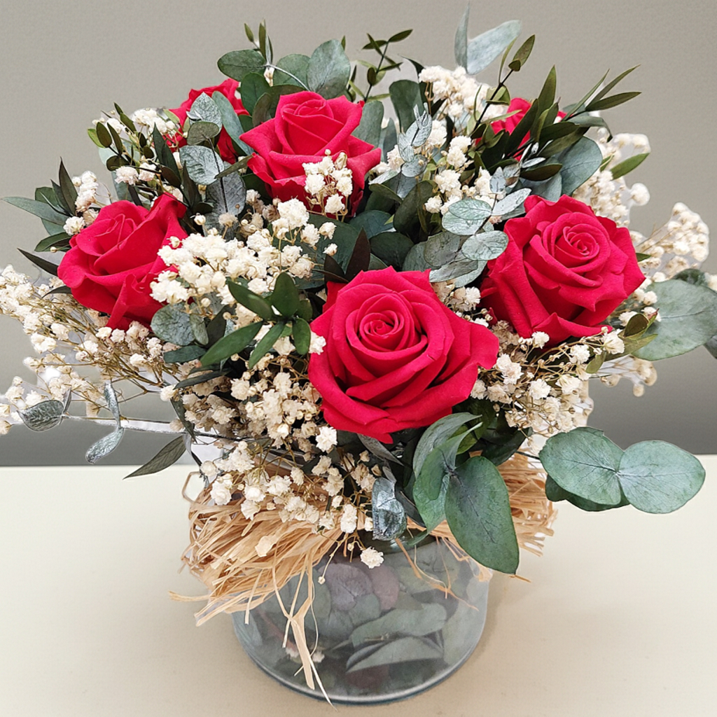 RAMO DE 6 ROSAS PRESERVADAS ROJAS CON JARRÓN